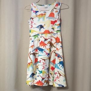 Girls' White Dinosaur Print Sleeveless Dress